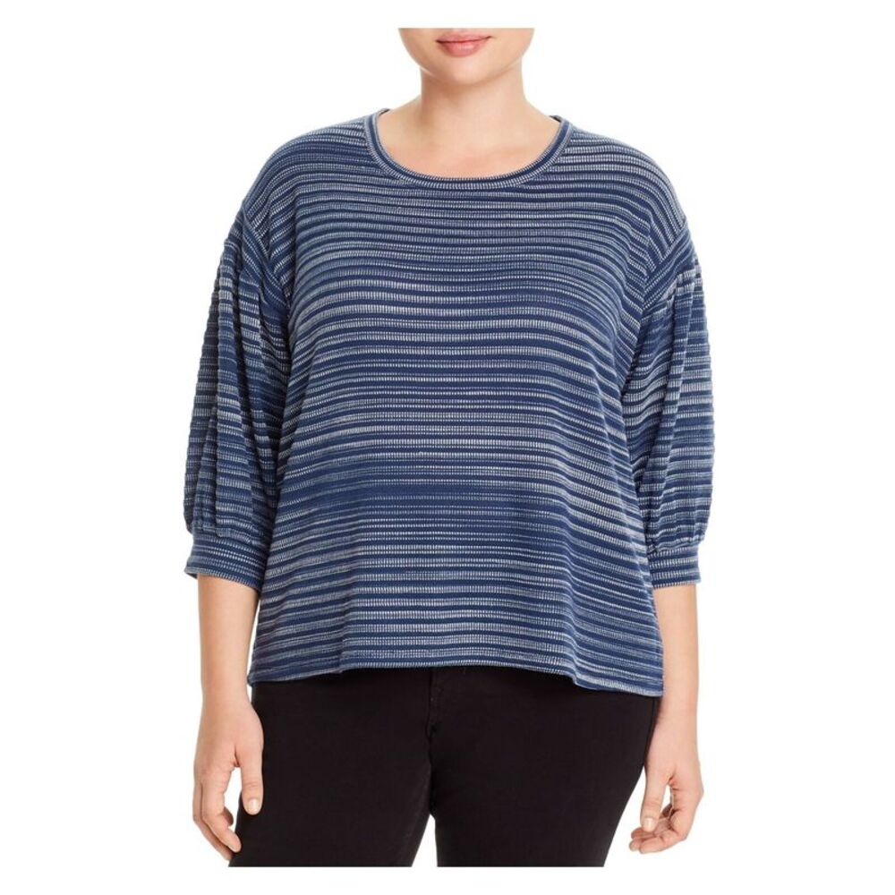 CUPIO BLUSH Womens Navy Stretch Striped Pouf Sleeve Round Neck Top Plus 1X